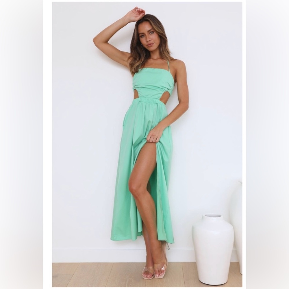 NWT Hello Molly Girls On Vacay Dress Green Maxi Cut Out Slit Bow Back Cotton